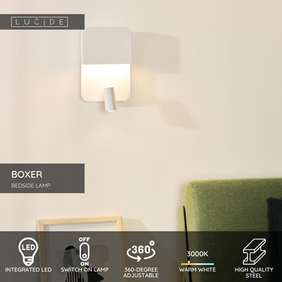 Lucide BOXER - Bedside lamp / Wall light - LED - 3000K - With USB charging point - White